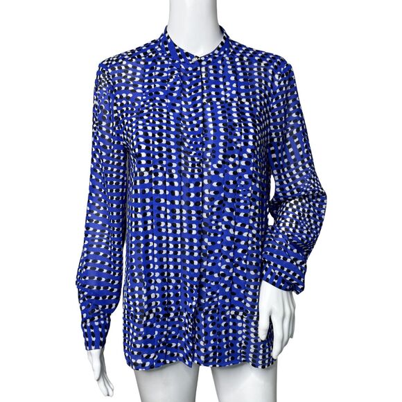 Reiss Shirt Womens‎ 6 Blue Black Lea Spot Print Button Up Casual Work Office - Picture 1 of 9